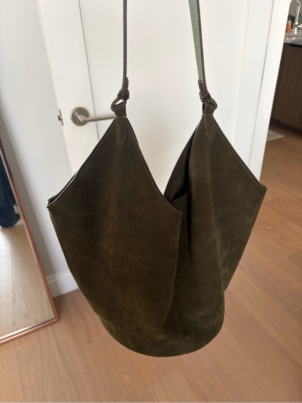 Lotus style suede bucket tote